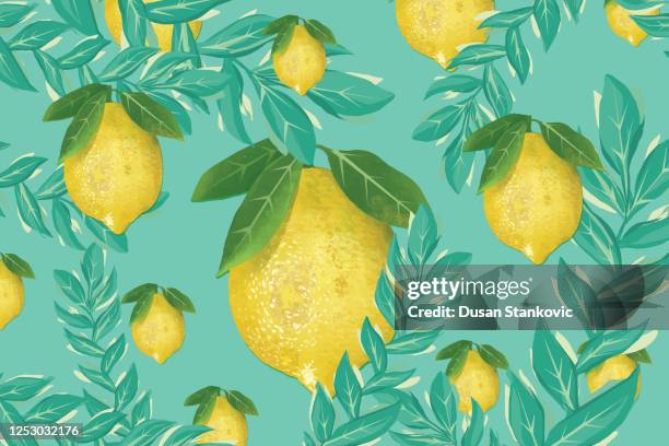 floral seamless pattern and lemon - tropical deciduous forest stock illustrations