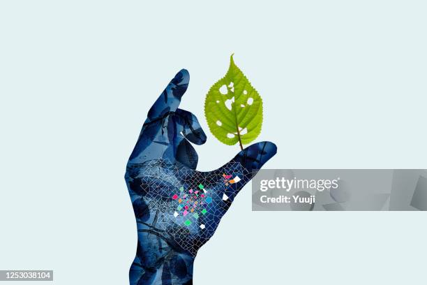 cyborg hände und junge blätter - kohlendioxid stock-fotos und bilder