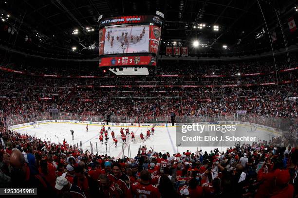 The Florida Panthers celebrates their 3-2 overtime win against the Toronto Maple Leafs in Game Three of the Second Round of the 2023 Stanley Cup...