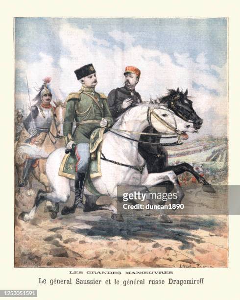 french general saussier and russian general dragomirov - white horse stock illustrations