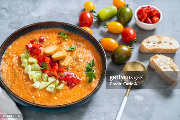 gazpacho tomato and pepper soup - gazpacho stock pictures, royalty-free photos & images