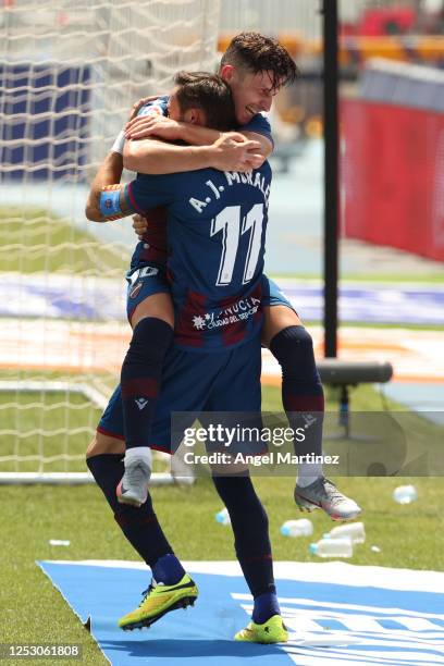 Jose Luis Morales of Levante UD celebrates with Enis Bardhi after scoring his team's third goal during the La Liga match between Levante UD and Real...