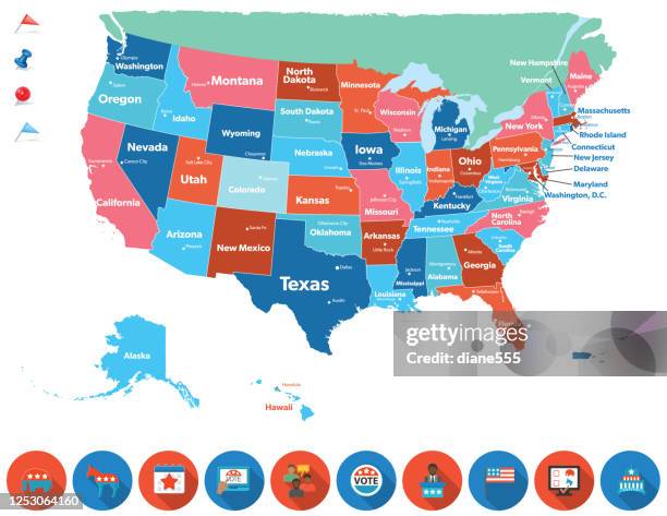 illustrations, cliparts, dessins animés et icônes de carte des états-unis avec les capitales et les icônes de vote - capitales internationales