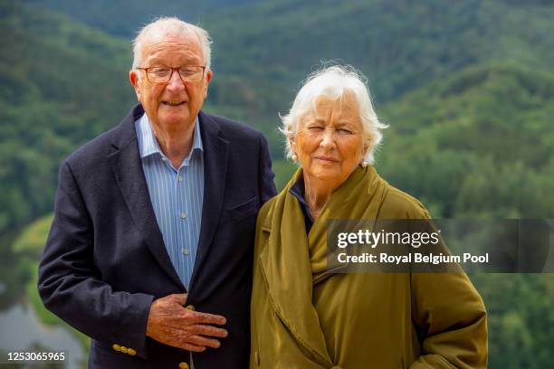 King Albert II of Belgium and Queen Paola of Belgium visit the Giant’s Tomb or Le Tombeau du Geant, on June 28, 2020 in Bouillon, Belgium. The Royal...