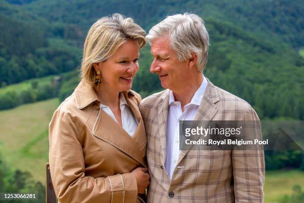 Queen Mathilde and King Philippe of Belgium visit the Giant’s Tomb or Le Tombeau du Geant, on June 28, 2020 in Bouillon, Belgium. The Royal Family...
