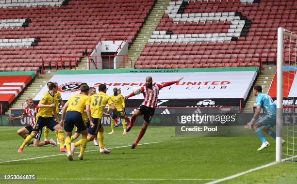 David McGoldrick of Sheffield United scores his teams first goal during the FA Cup Fifth Quarter Final match between Sheffield United and Arsenal FC...