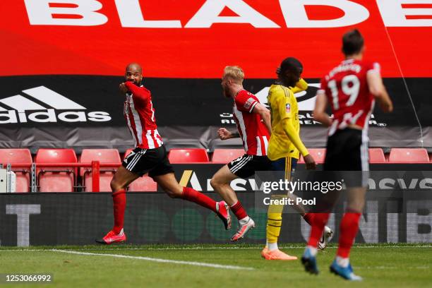 David McGoldrick of Sheffield United celebrates after he scores his teams first goal during the FA Cup Fifth Quarter Final match between Sheffield...