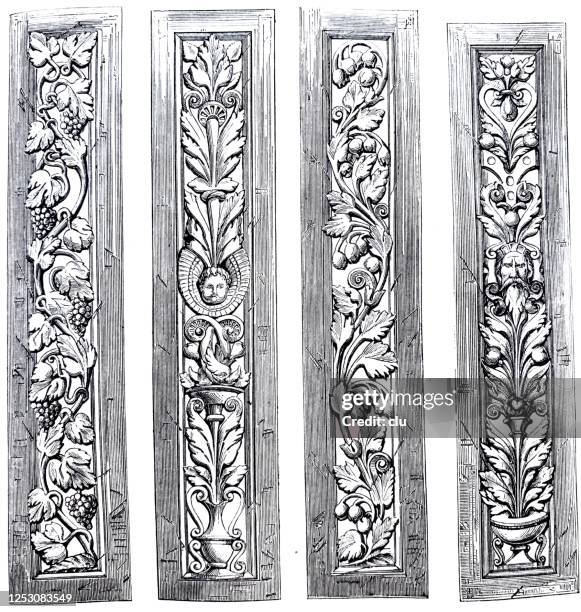 renaissance in austria: terracottas from the castle schalsburg - castle staircase stock illustrations
