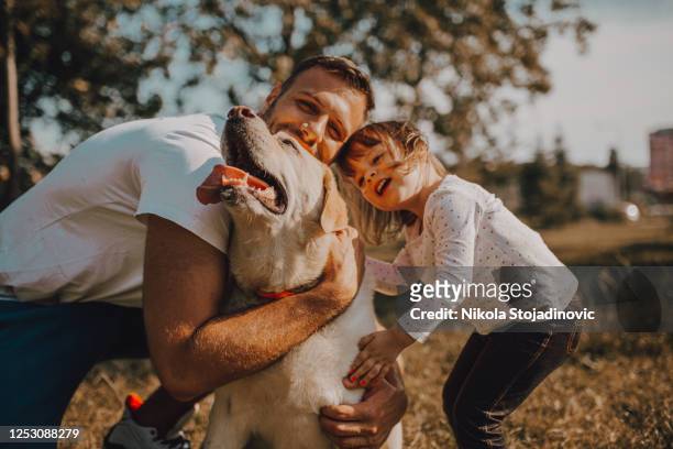 jonge familie met een hond - autumn dog stockfoto's en -beelden