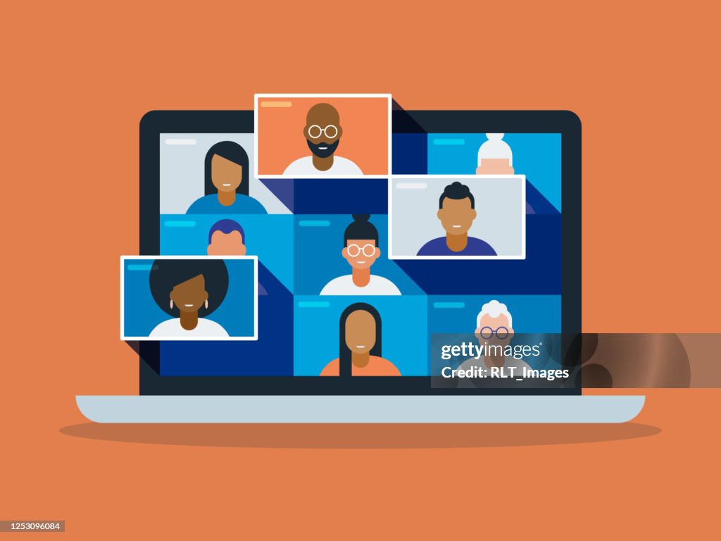 Illustration of a diverse group of friends or colleagues in a video conference on laptop computer screen