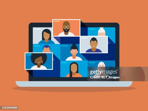 illustration of a diverse group of friends or colleagues in a video conference on laptop computer screen - illustration stock illustrations