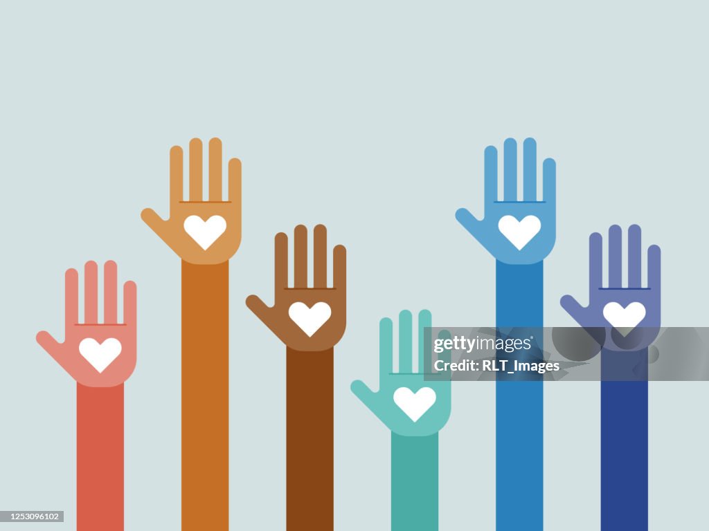 Illustration of group of multi-colored hands raised together