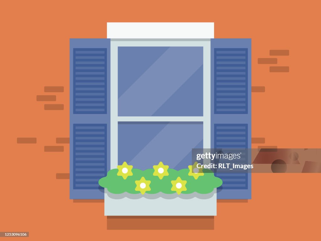 Illustration of exterior building window with flower box