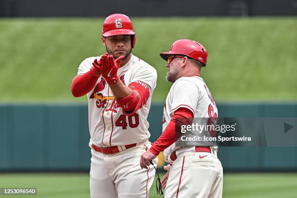 St. Louis Cardinals designated hitter Willson Contreras claps towards the bench as his team puts together a couple of hits during a game between the...