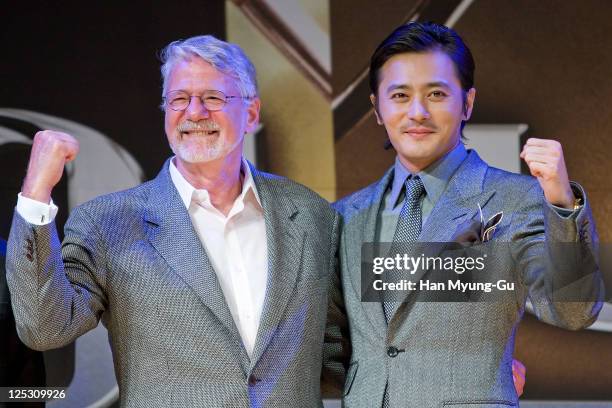 Hollywood producer of the motion picture 'Lord of the Rings', Barrie Osborne and South Korean actor Jang Dong-Gun attend "The Warrior's Way" press...