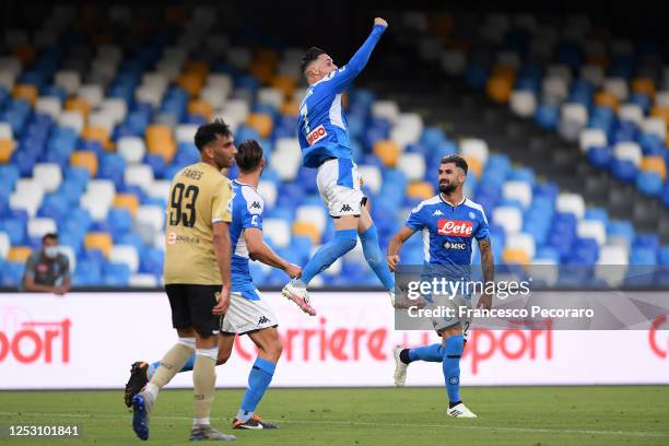 Jose Callejon and Elseid Hysaj of SSC Napoli celebrate the 2-1 goal scored by Jose Callejon, beside the disappointment of Mohamed Fares of SPAL...