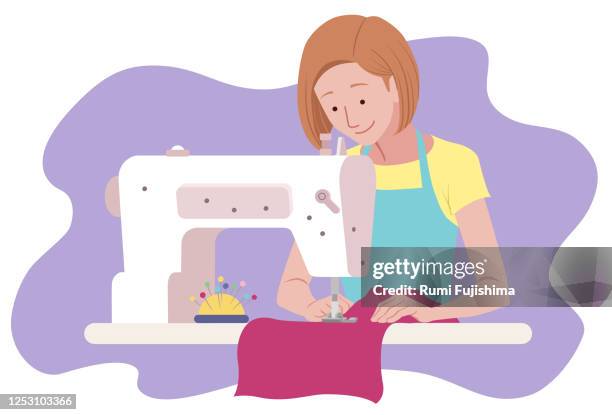 ilustrações de stock, clip art, desenhos animados e ícones de woman sewing - máquina de costura