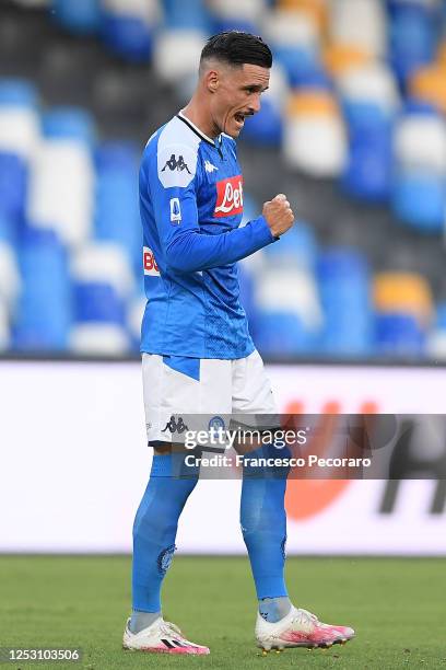 Jose Callejon of SSC Napoli celebrates after scoring the 2-1 goal during the Serie A match between SSC Napoli and SPAL at Stadio San Paolo on June...