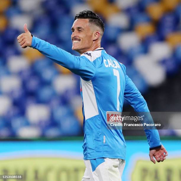 Jose Callejon of SSC Napoli celebrates after scoring the 2-1 goal during the Serie A match between SSC Napoli and SPAL at Stadio San Paolo on June...