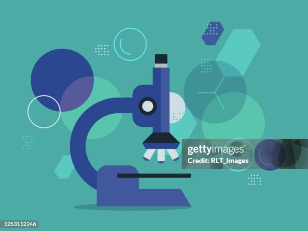 illustration of microscope with magnified cell pattern background—scientific and medical research - microscope illustration stock illustrations