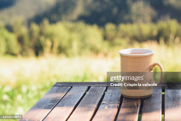 taza de café o te  sobre mesa de madera en el jardín - en el café stock pictures, royalty-free photos & images