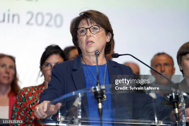 Left wing Socialist Party Lille's mayor Martine Aubry delivers a speech after her victory during the election night for the 2nd round of mayoral...