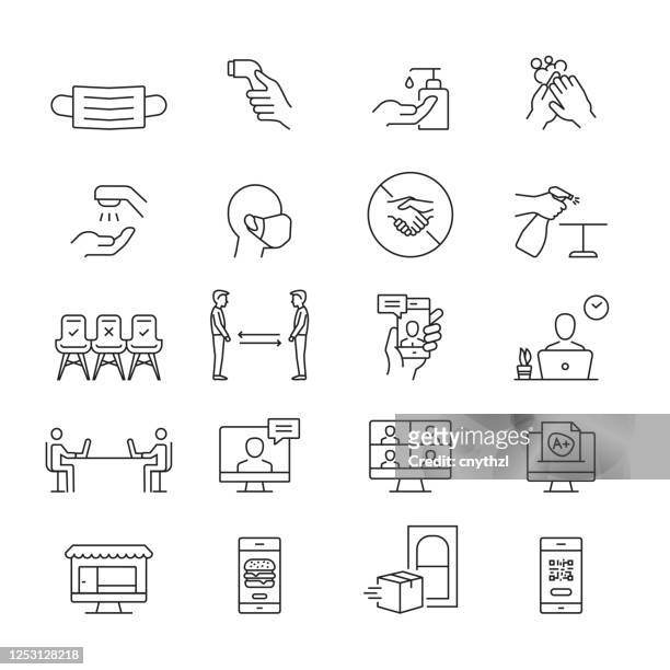 die neuen normalen symbole. umrisssymbolsymbole - büro stock-grafiken, -clipart, -cartoons und -symbole