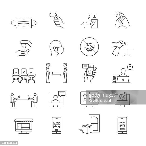 ilustraciones, imágenes clip art, dibujos animados e iconos de stock de los nuevos iconos normales. iconos de símbolos de esquema - distancia social
