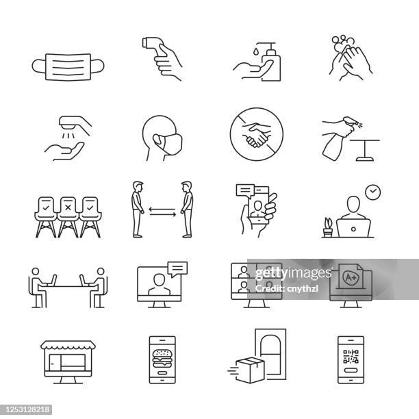 the new normal icons. outline symbol icons - social distancing meeting stock illustrations