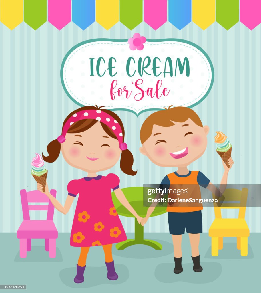 Children eating ice cream at the ice cream parlor.