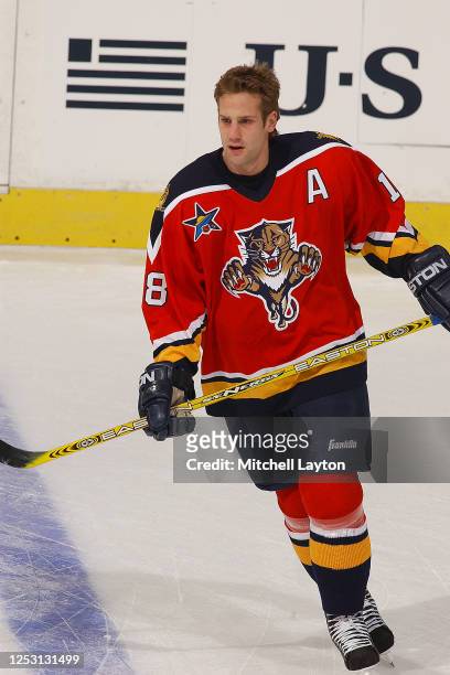 Marcus Nilson of the Florida Panthers warms up before a NHL hockey game against the Washington Capitals at MCI Center on January 11, 2003 in...