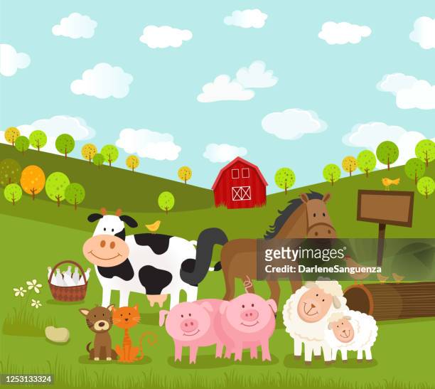 ilustrações, clipart, desenhos animados e ícones de ilustração de vetores de animais de fazenda feliz - animal de fazenda