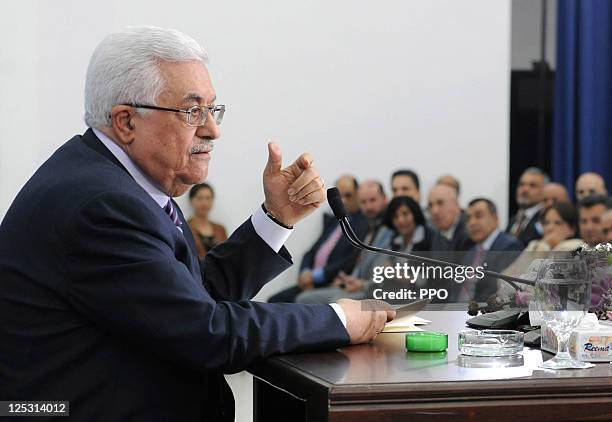 In this handout image supplied by the Palestinian Press Office , Palestinian President Mahmoud Abbas makes a speech to confirm that the Palestinian...