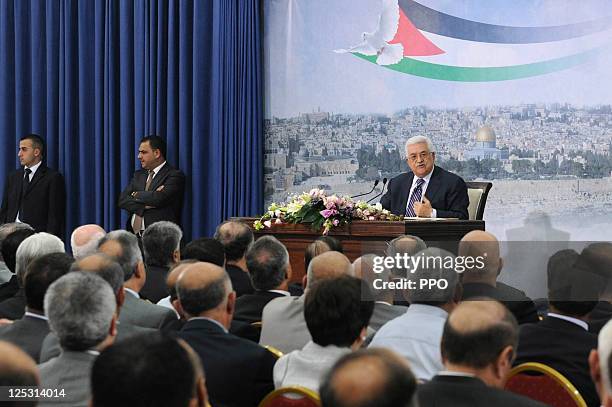 In this handout image supplied by the Palestinian Press Office , Palestinian President Mahmoud Abbas makes a speech to confirm that the Palestinian...