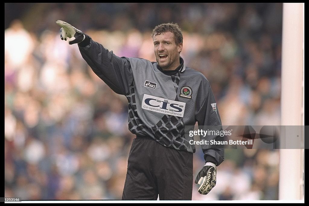 Tim Flowers of Blackburn Rovers orchestrates his defence