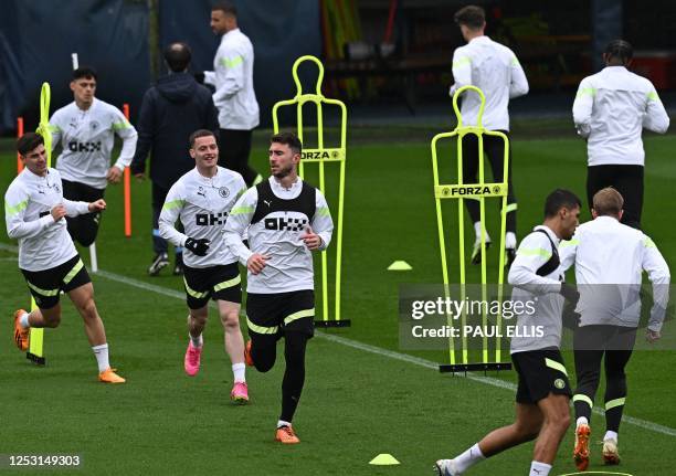 Manchester City's French defender Aymeric Laporte attends a team training session at Manchester City training ground in Manchester, north-west...