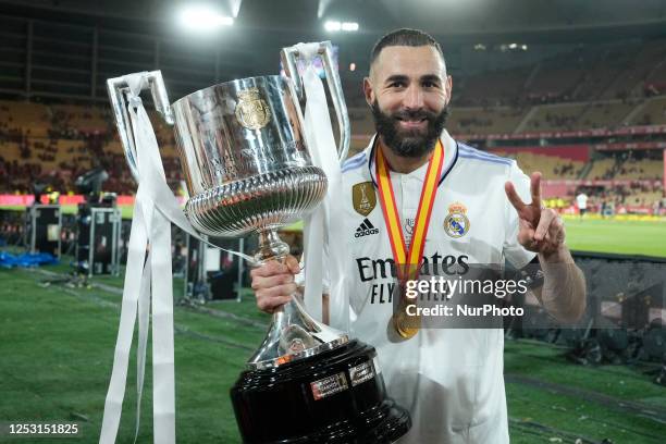 Karim Benzema centre-forward of Real Madrid and France celebrates with the trophy after winning the Copa del Rey Final match between Real Madrid CF...