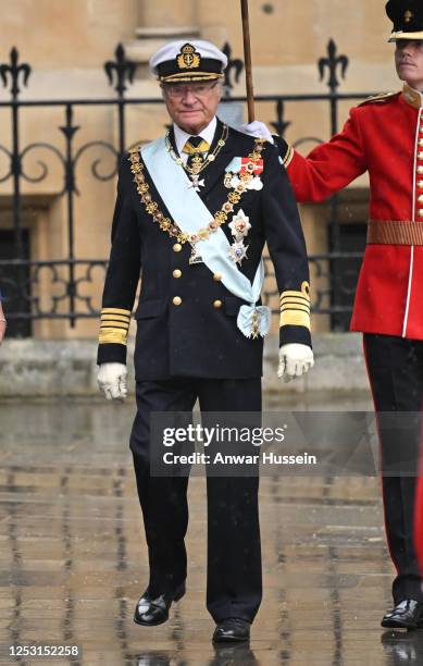 King Carl Gustaf XVI of Sweden attends the Coronation of King Charles III and Queen Camilla at Westminster Abbey on May 06, 2023 in London, England.