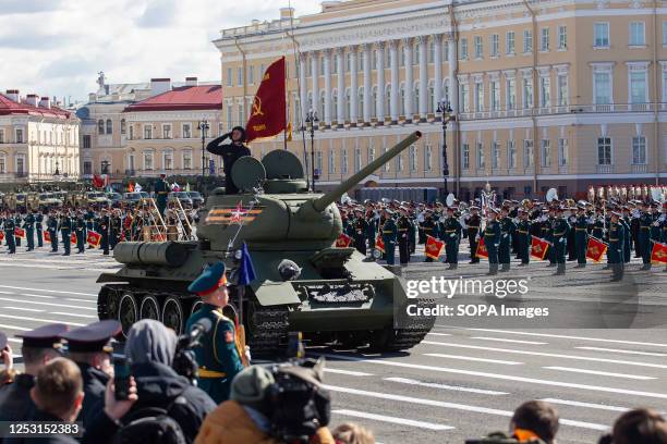 Passage of the T-34 tank during the dress rehearsal for the Victory Day Parade at Palace Square. Russia will celebrate the 78th anniversary of the...