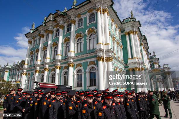Cadets of the Suvorov Military School are seen after the dress rehearsal for the Victory Day Parade at Palace Square. Russia will celebrate the 78th...