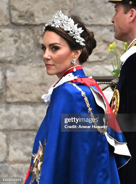 Catherine, Princess of Wales arrives at Westminster Abbey for the Coronation arrive at Westminster Abbey in the Diamond Jubilee Coach to attend their...