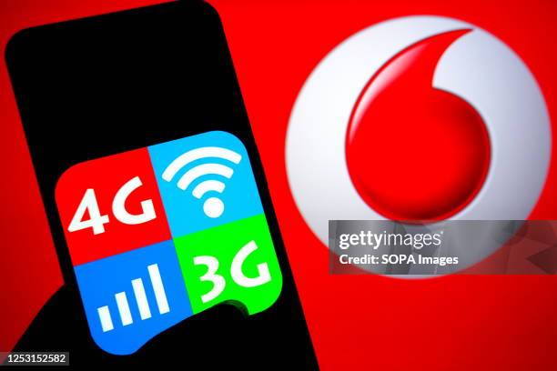 In this photo illustration, a 3G & 4G logo seen displayed on a smartphone with a Vodafone logo in the background.