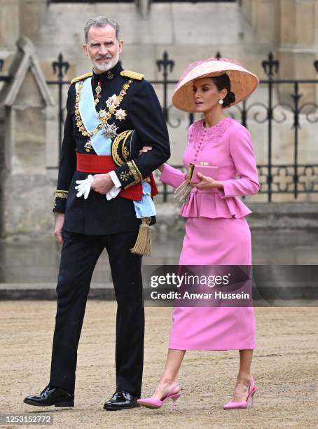 King Felipe VI and Queen Letizia of Spain attend the Coronation of King Charles III and Queen Camilla at Westminster Abbey on May 06, 2023 in London,...