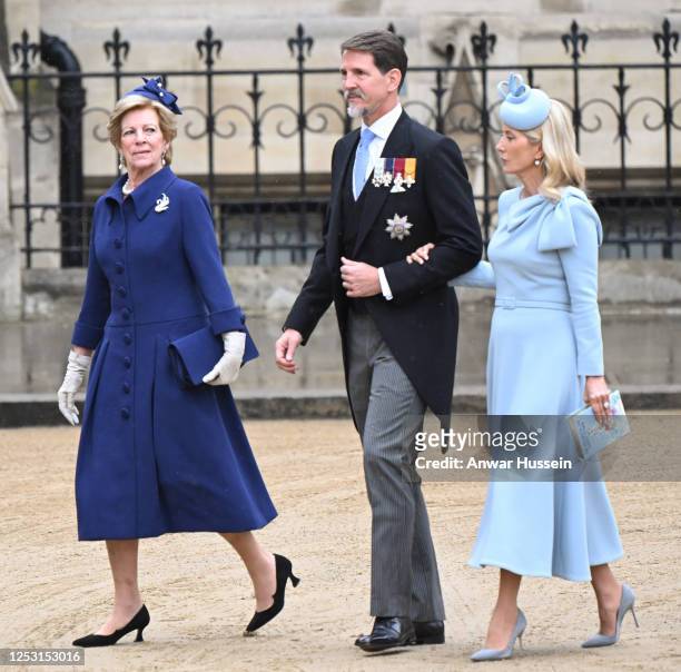 Queen Anne-Marie of Greece, Crown Prince Pavlos of Greece and Marie-Chantal, Crown Princess of Greece attend the Coronation of King Charles III and...