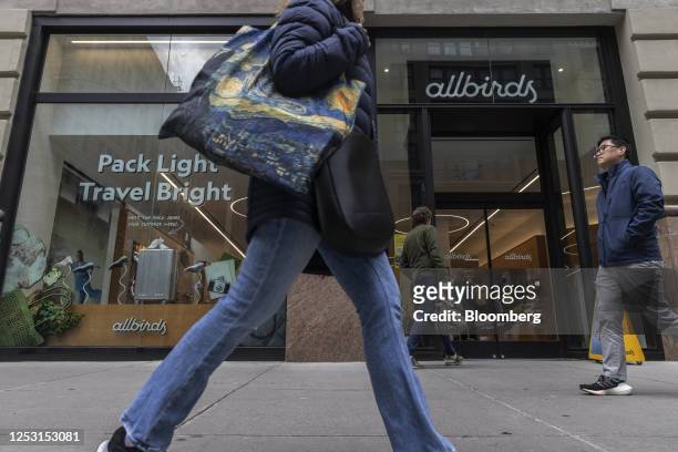 Pedestrians pass an Allbirds store on Fifth Avenue in New York, US, on Wednesday, May 4, 2023. Allbirds Inc. Is scheduled to release earnings figures...