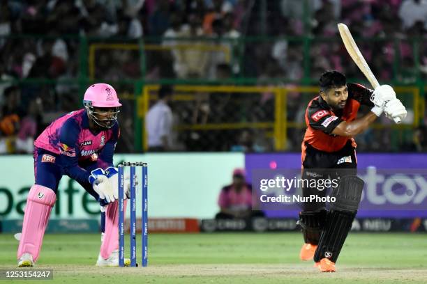 Sunrisers Hyderabad batter Rahul Tripathi in action during the IPL 2023 T20 cricket match between Rajasthan Royals and Sunrisers Hyderabad , at Sawai...