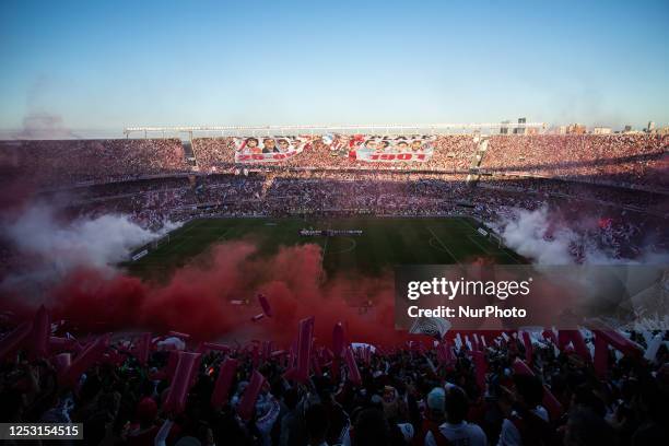 River Plate fans inside the stadium before the match at Estadio Mas Monumental Antonio Vespucio Liberti on May 07, 2023 in Buenos Aires, Argentina.