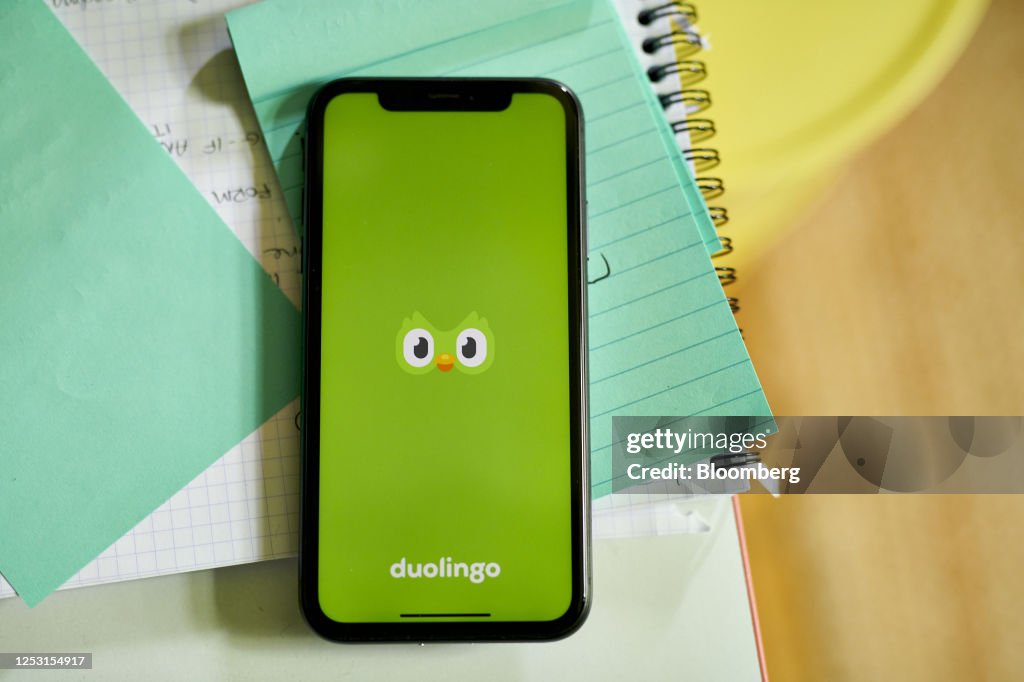 The Duolingo logo on a smartphone arranged in the Brooklyn borough of