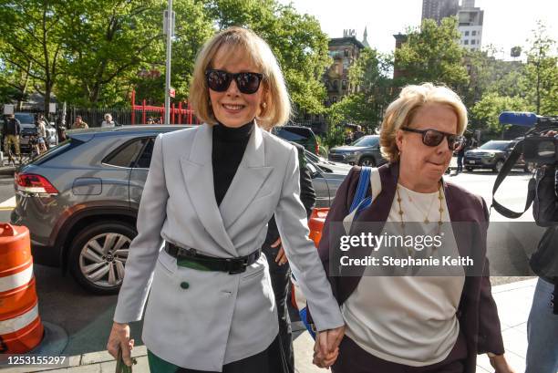 Magazine Columnist E. Jean Carroll arrives for her civil trial against former President Donald Trump at Manhattan Federal Court on May 08, 2023 in...