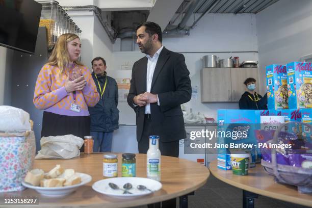 First Minister of Scotland Humza Yousaf with Community Hub Coordinator Mhairi Cormack during a visit to the Whitfield Community Larder in Dundee, as...